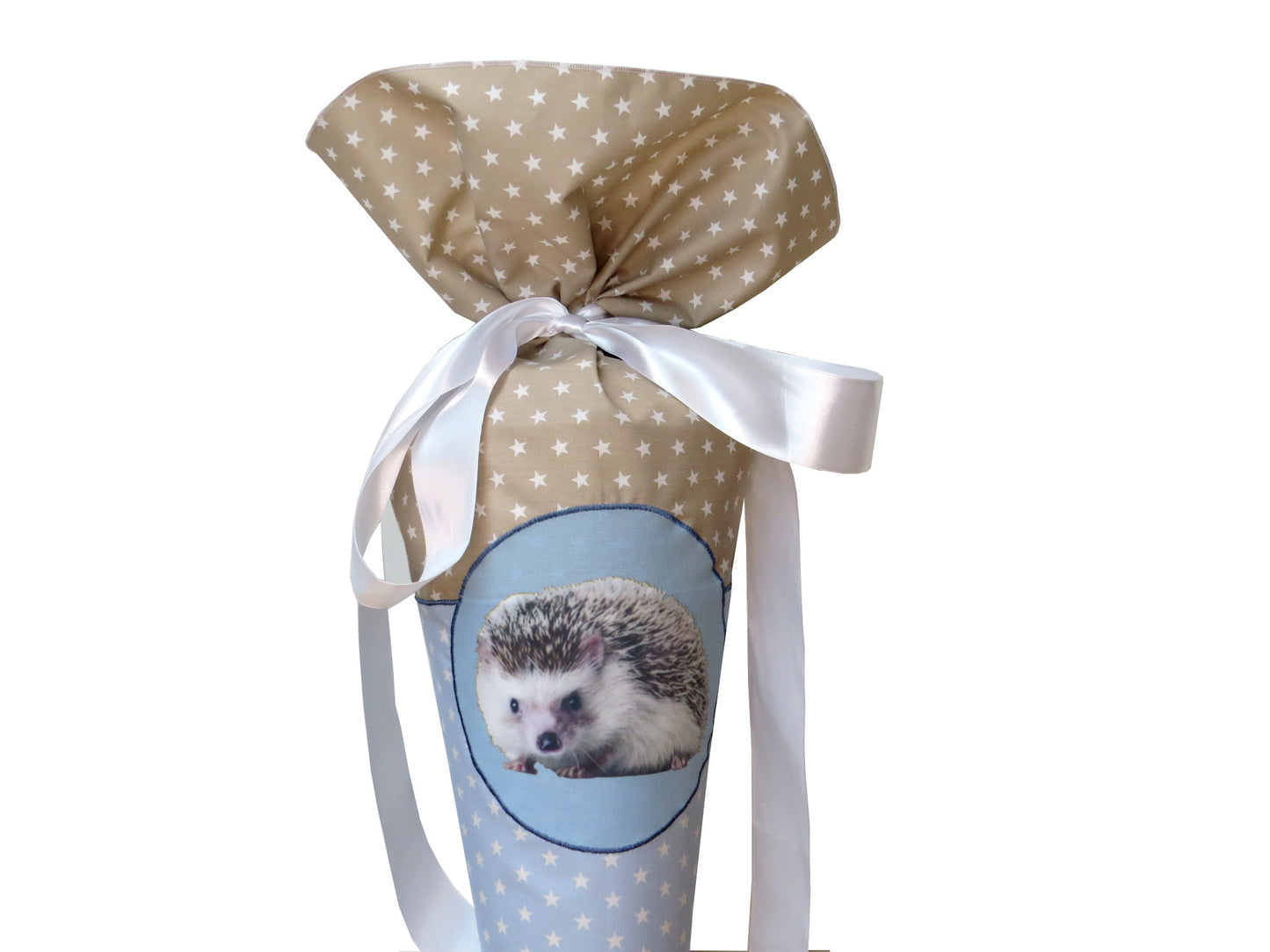 Schultüte Igel Zuckertüte aus Stoff hellblau beige