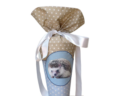 Schultüte Igel Zuckertüte aus Stoff hellblau beige