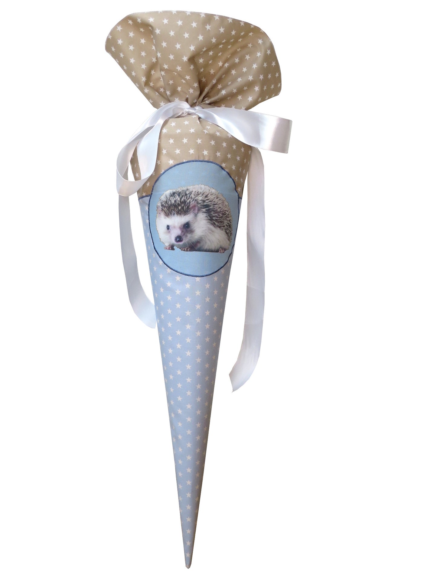 Schultüte Igel Zuckertüte aus Stoff hellblau beige