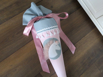 Schultüte Pferd Pony Zuckertüte aus Stoff rosa hellgrau