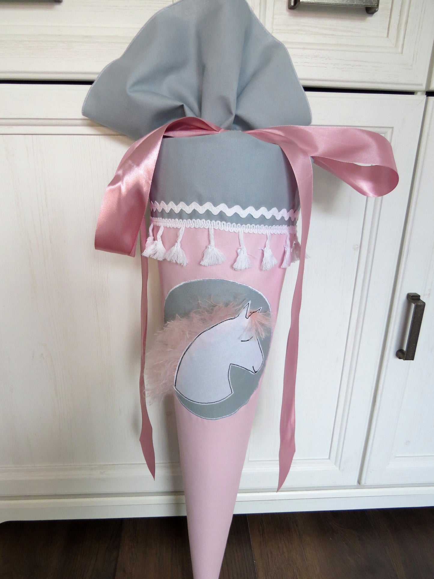 Schultüte Pferd Pony Zuckertüte aus Stoff rosa hellgrau