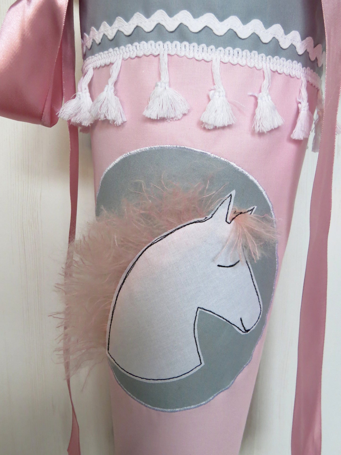 Schultüte Pferd Pony Zuckertüte aus Stoff rosa hellgrau