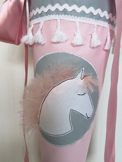 Schultüte Pferd Pony Zuckertüte aus Stoff rosa hellgrau