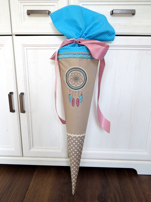 Schultüte Traumfänger Zuckertüte aus Stoff türkis beige