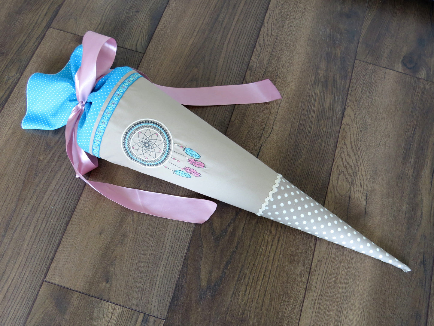 Schultüte Traumfänger Zuckertüte aus Stoff türkis beige