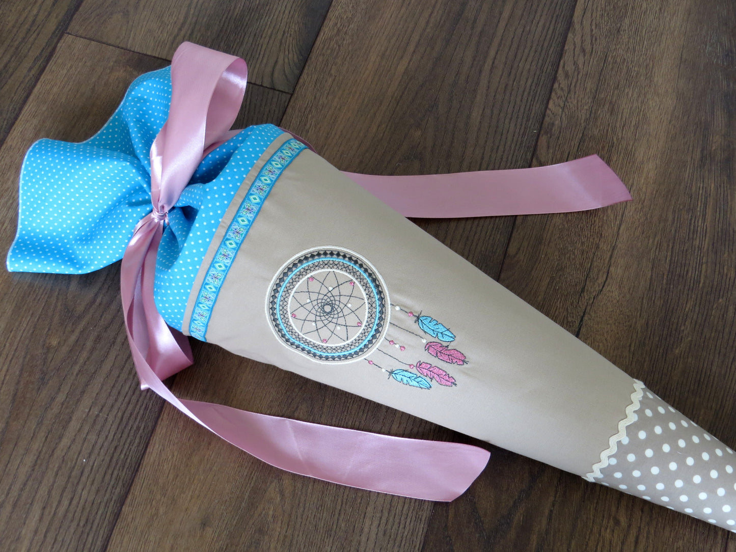 Schultüte Traumfänger Zuckertüte aus Stoff türkis beige