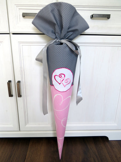 Schultüte Herzen Zuckertüte aus Stoff rosa grau