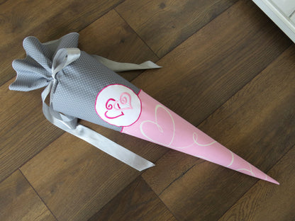 Schultüte Herzen Zuckertüte aus Stoff rosa grau