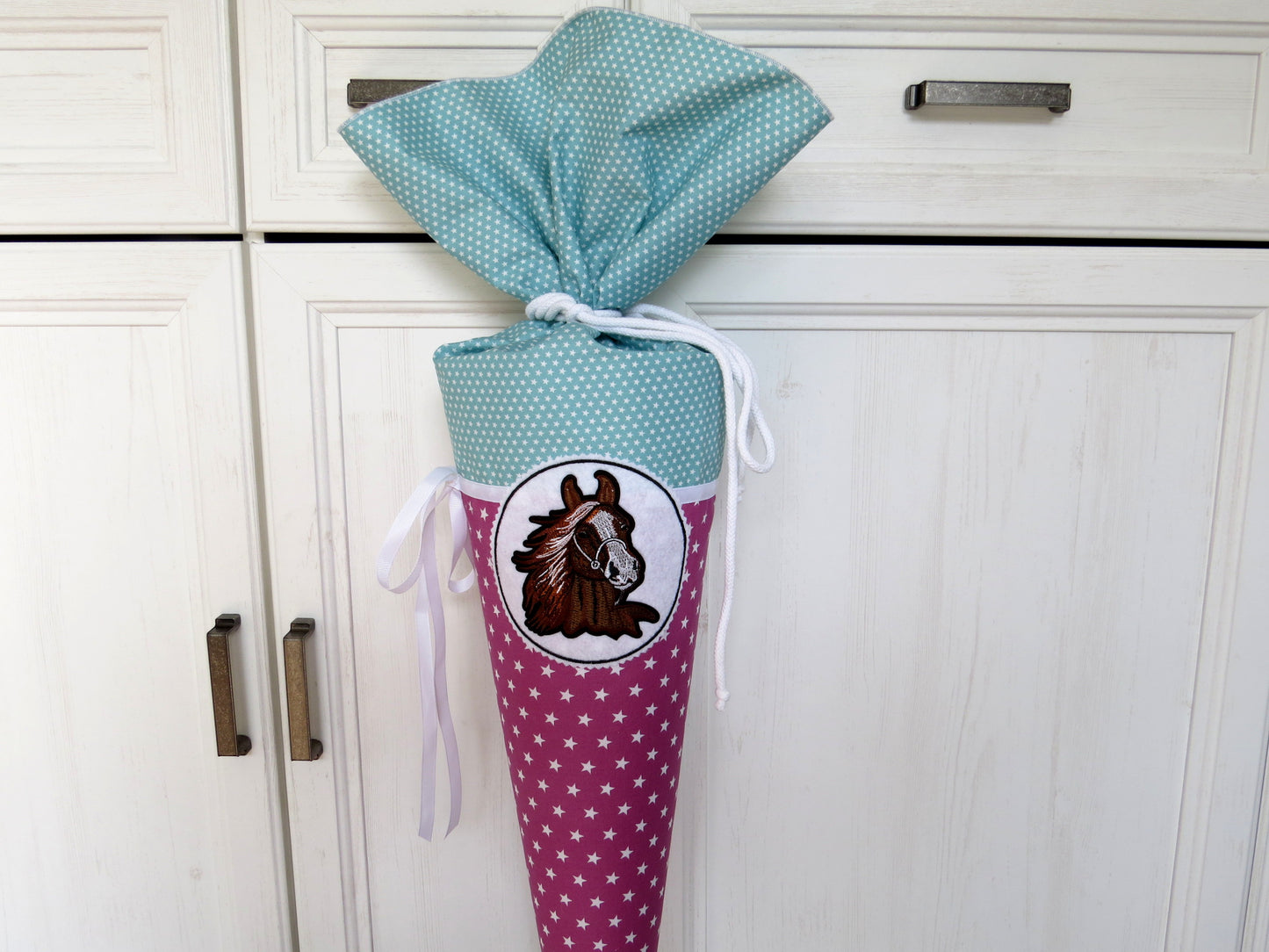 Schultüte Pferd Pony Zuckertüte aus Stoff fuchsia mint