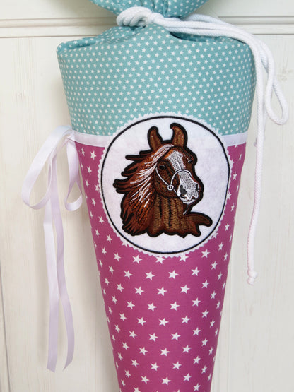 Schultüte Pferd Pony Zuckertüte aus Stoff fuchsia mint