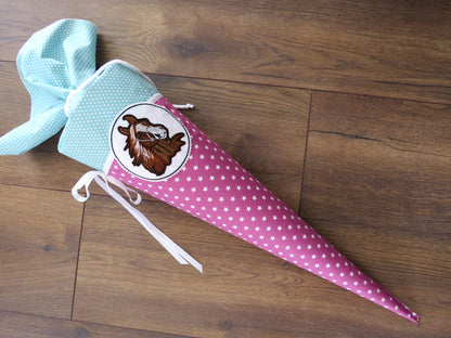 Schultüte Pferd Pony Zuckertüte aus Stoff fuchsia mint