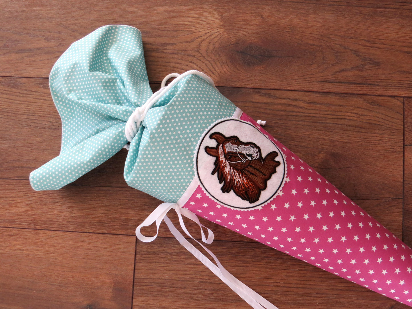 Schultüte Pferd Pony Zuckertüte aus Stoff fuchsia mint