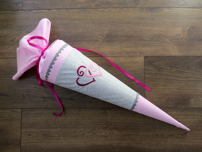 Schultüte Herzen Zuckertüte aus Stoff rosa hellgrau