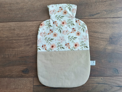 Wärmflasche 2 Liter Blumen in weiß und beige