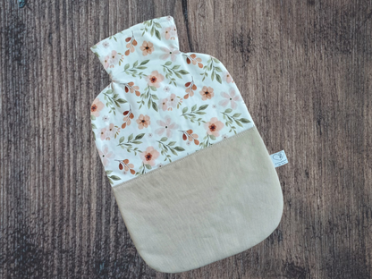 Wärmflasche 2 Liter Blumen in weiß und beige