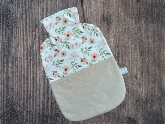 Wärmflasche 2 Liter Blumen in weiß und beige